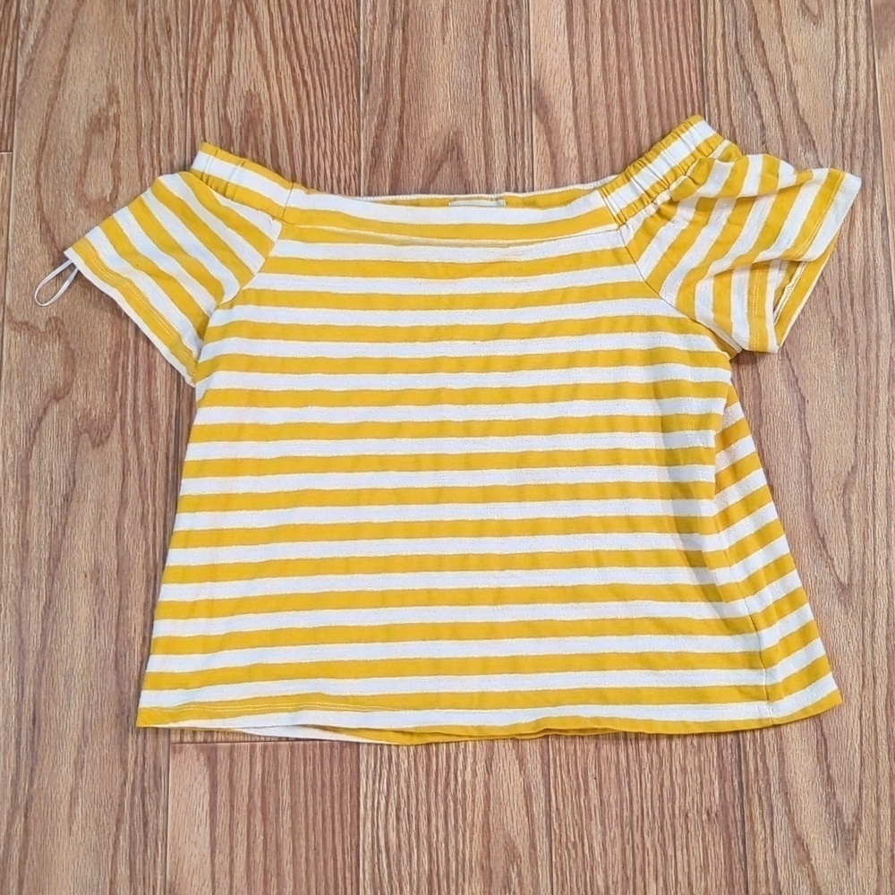 Yellow and white striped off-shoulder cropped cotton top, Melloday women's S